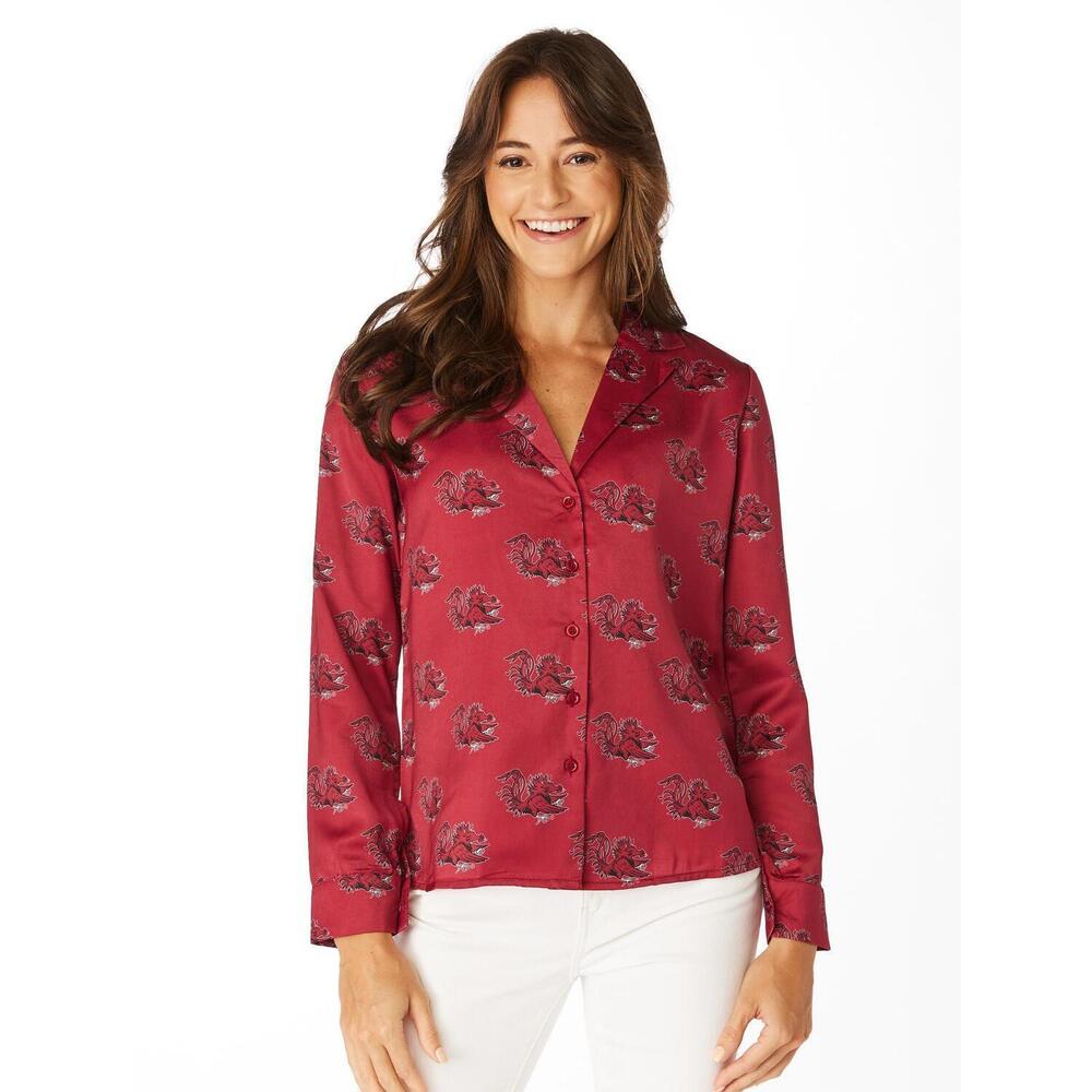 NEW STEWART SIMMONS gamecock button up long sleeve top in red